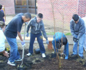 Students at Toms River Intermediate School North gather together to create a beautiful Outdoor Classroom for their school.